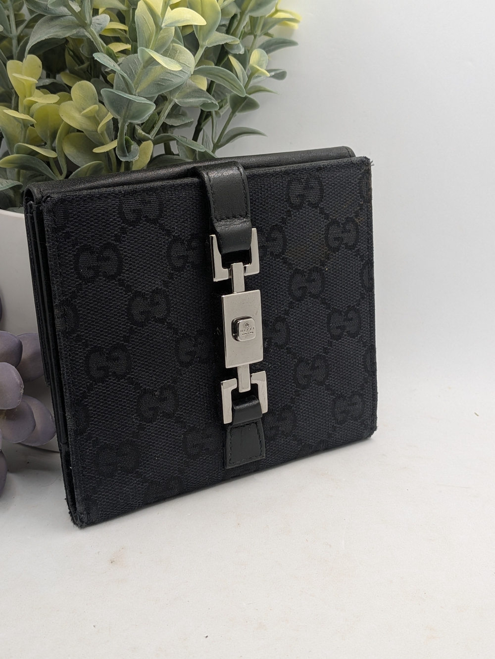 Gucci Black GG Canvas Small Wallet with Silver Piston Lock